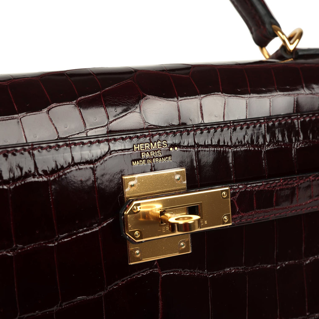 Kelly Sellier 32 Bordeaux Shiny Niloticus Crocodile Gold Hardware Bag