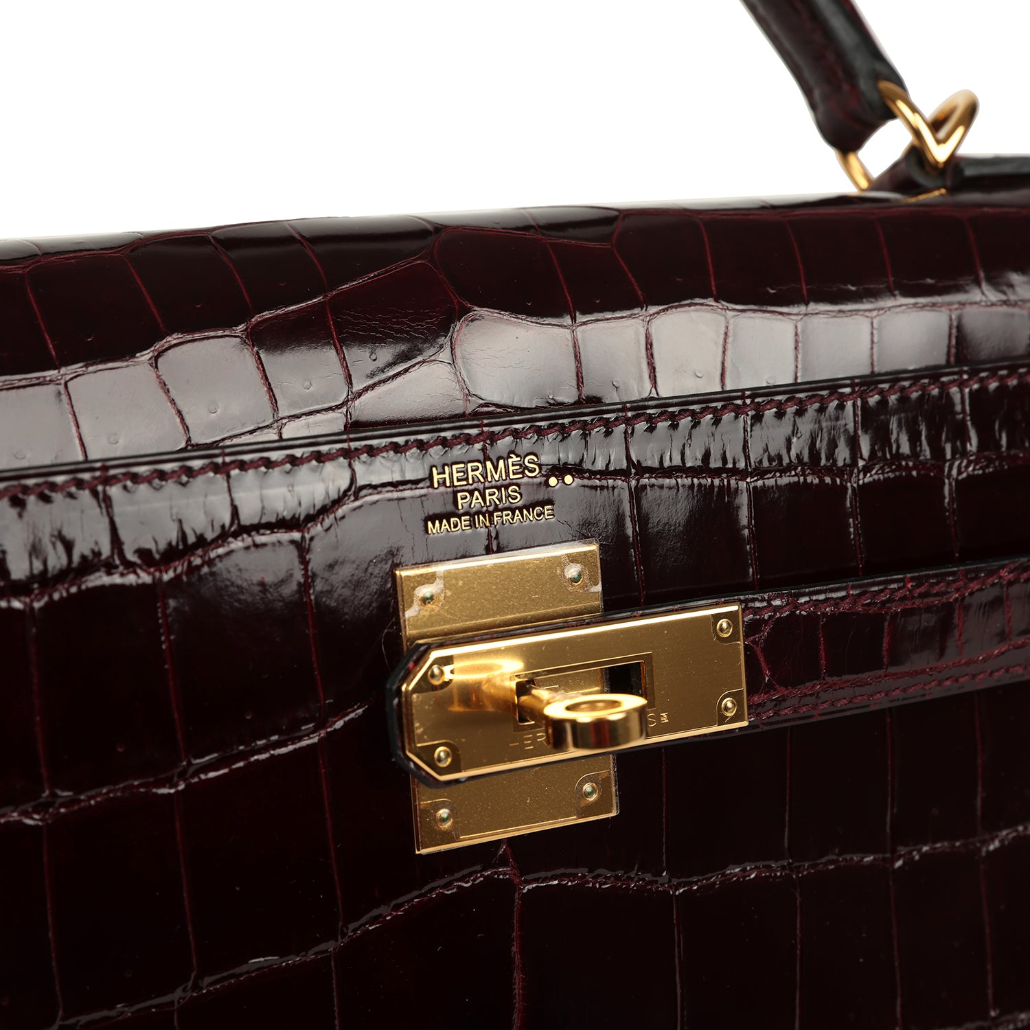 Kelly Sellier 32 Bordeaux Shiny Niloticus Crocodile Gold Hardware Bag