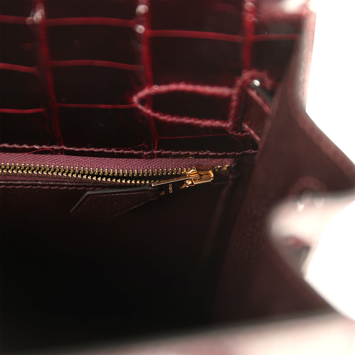 Kelly Sellier 32 Bordeaux Shiny Niloticus Crocodile Gold Hardware Bag