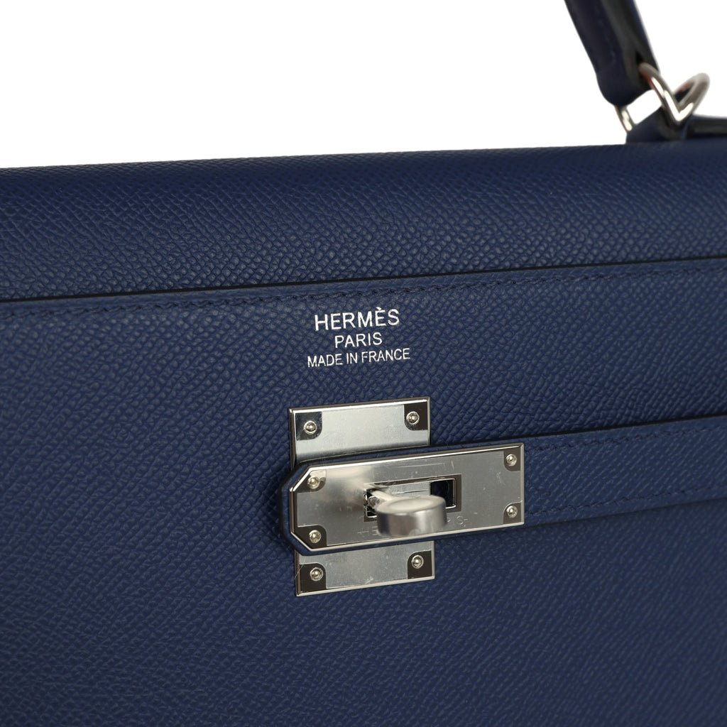 Kelly Sellier 35 Bleu Saphir Epsom Palladium Hardware Bag