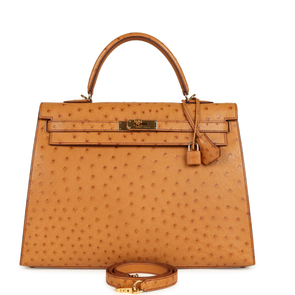 Kelly Sellier 35 Cognac Ostrich Gold Hardware Bag