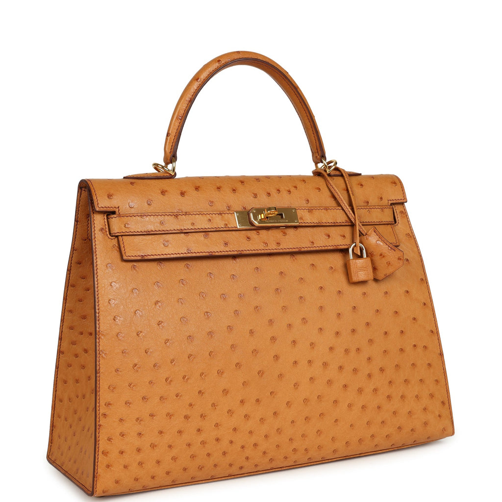 Kelly Sellier 35 Cognac Ostrich Gold Hardware Bag