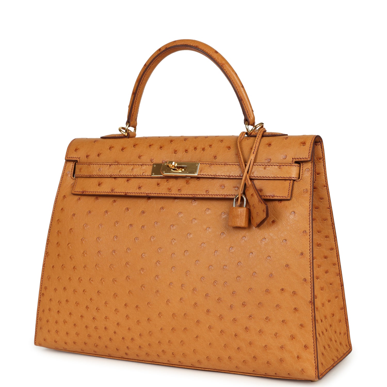 Kelly Sellier 35 Cognac Ostrich Gold Hardware Bag