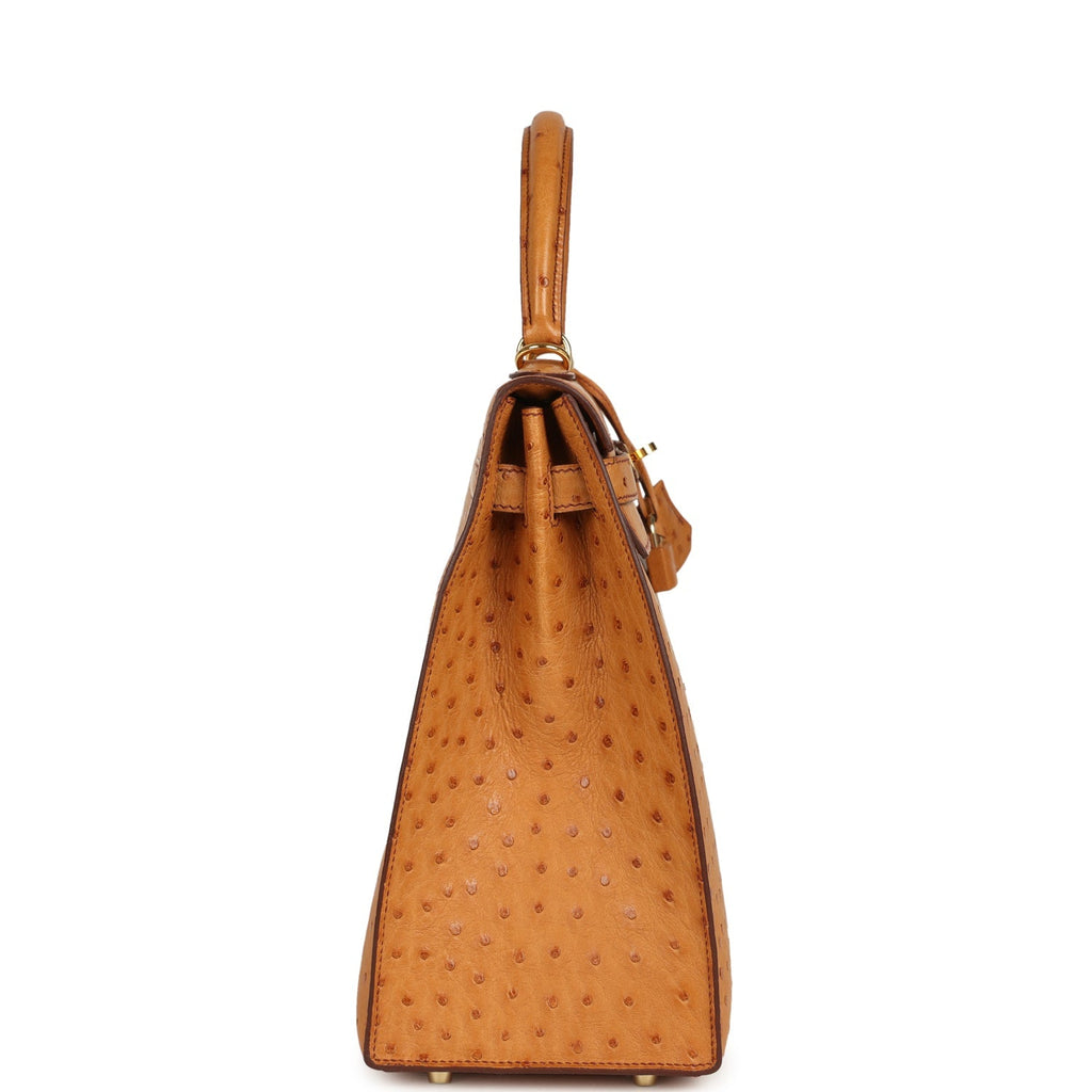 Kelly Sellier 35 Cognac Ostrich Gold Hardware Bag