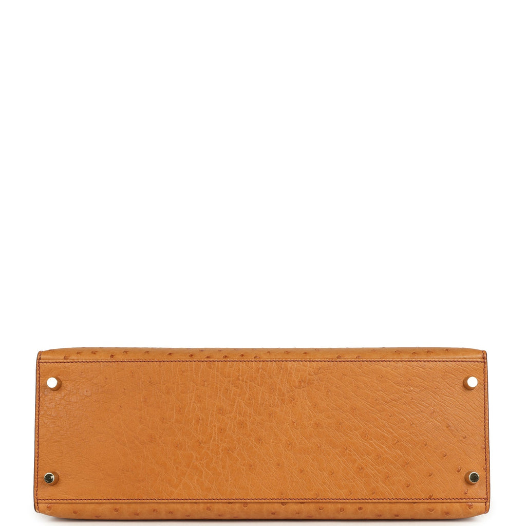 Kelly Sellier 35 Cognac Ostrich Gold Hardware Bag