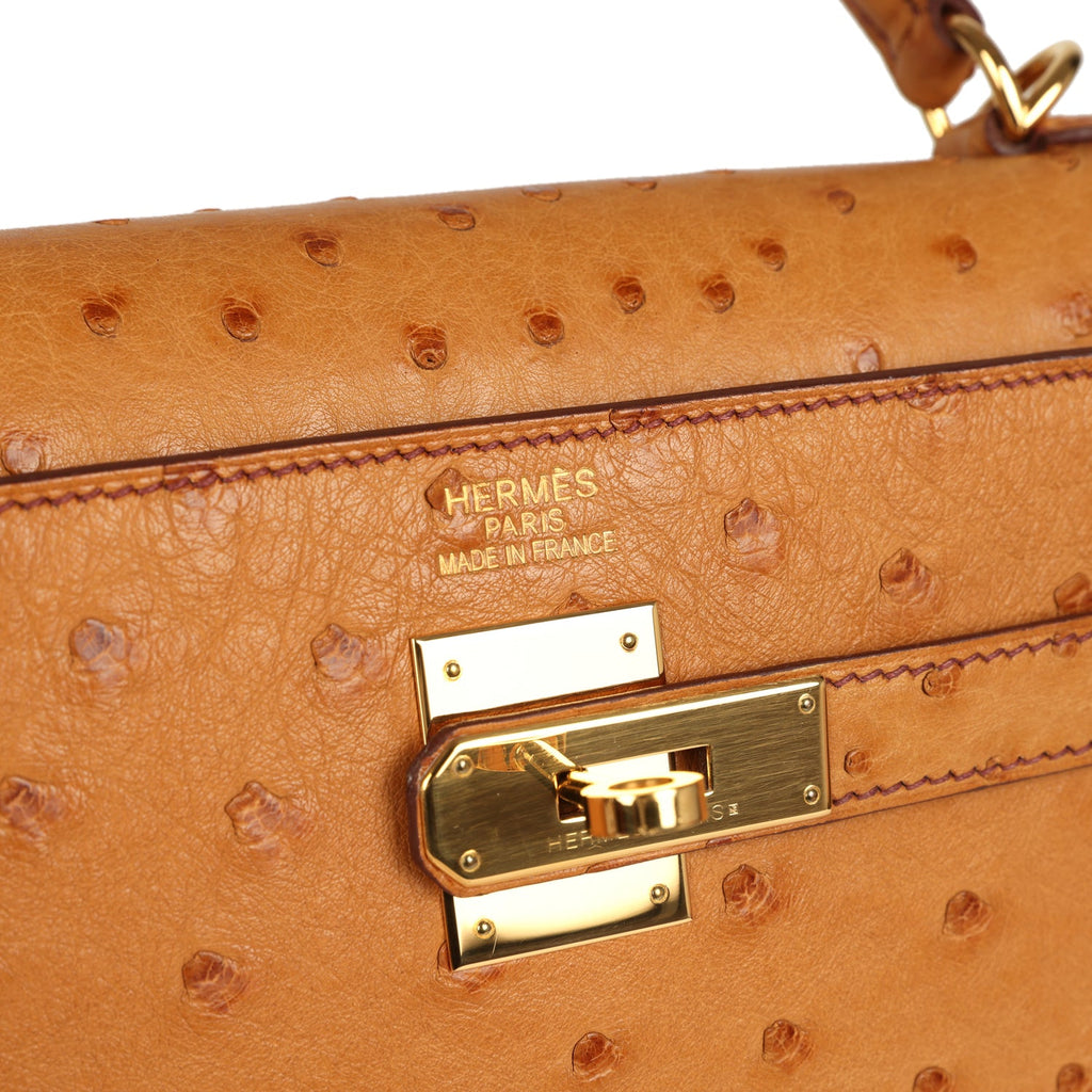 Kelly Sellier 35 Cognac Ostrich Gold Hardware Bag