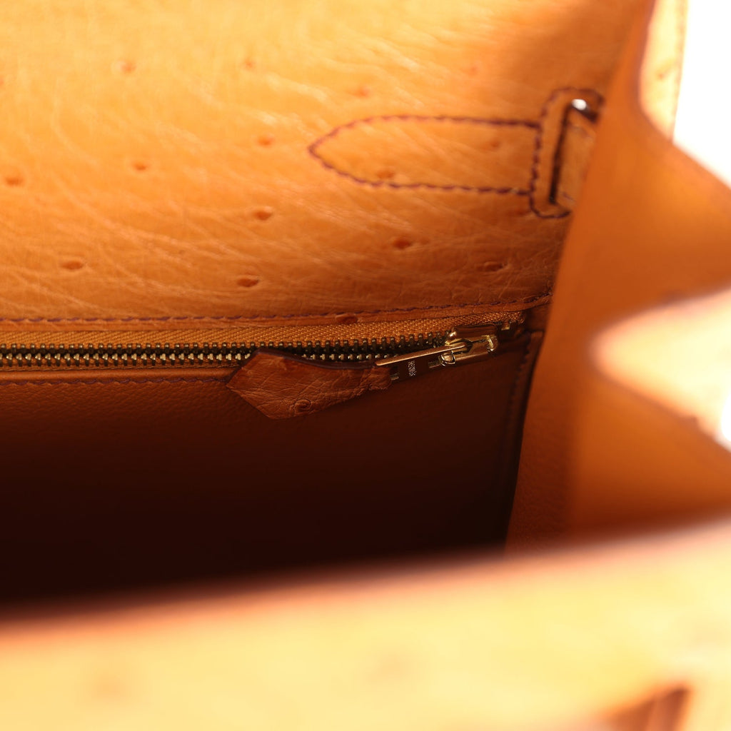 Kelly Sellier 35 Cognac Ostrich Gold Hardware Bag