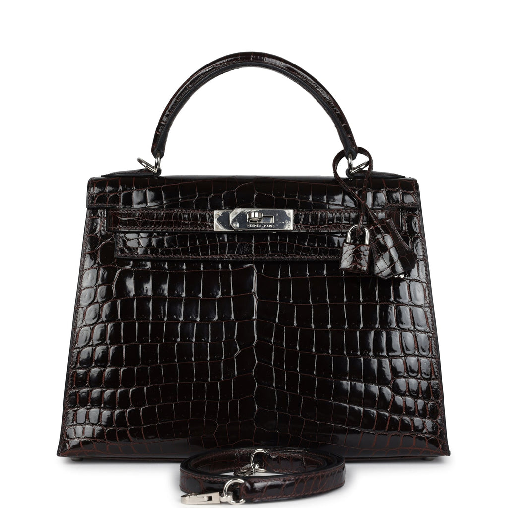 Vintage Kelly Sellier 28 Cocoan Shiny Niloticus Crocodile Palladium Hardware Bag