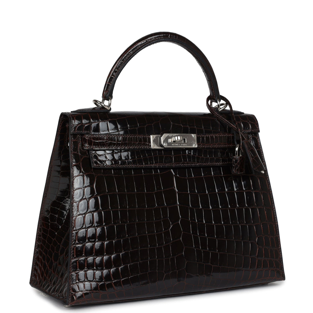 Vintage Kelly Sellier 28 Cocoan Shiny Niloticus Crocodile Palladium Hardware Bag