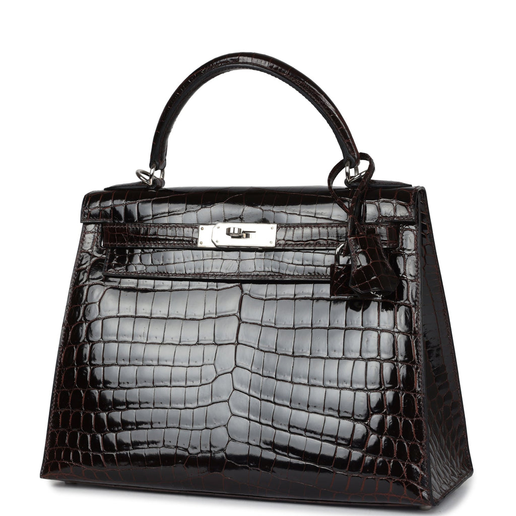 Vintage Kelly Sellier 28 Cocoan Shiny Niloticus Crocodile Palladium Hardware Bag