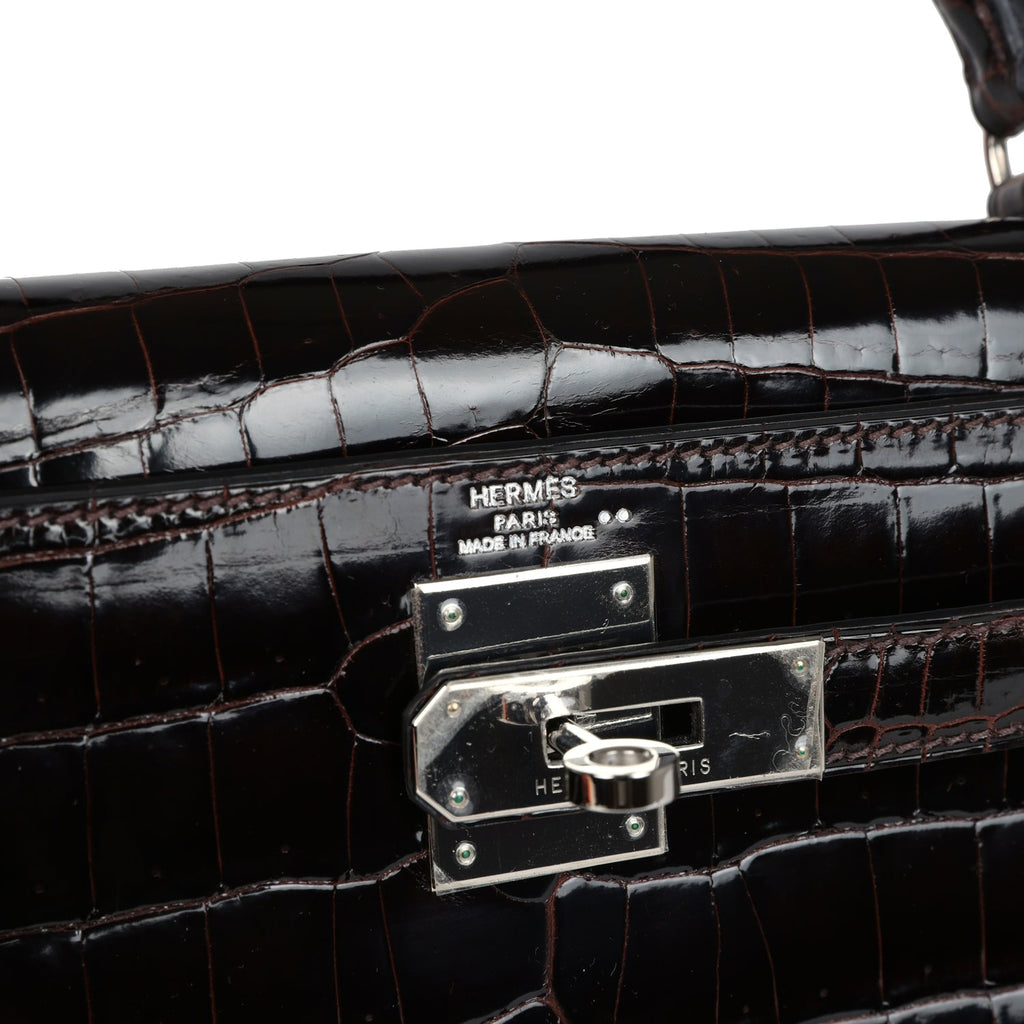 Vintage Kelly Sellier 28 Cocoan Shiny Niloticus Crocodile Palladium Hardware Bag