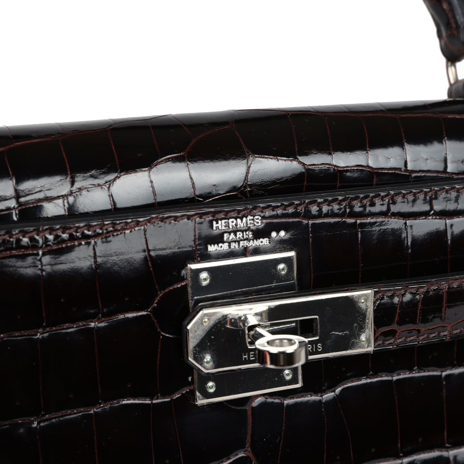 Vintage Kelly Sellier 28 Cocoan Shiny Niloticus Crocodile Palladium Hardware Bag