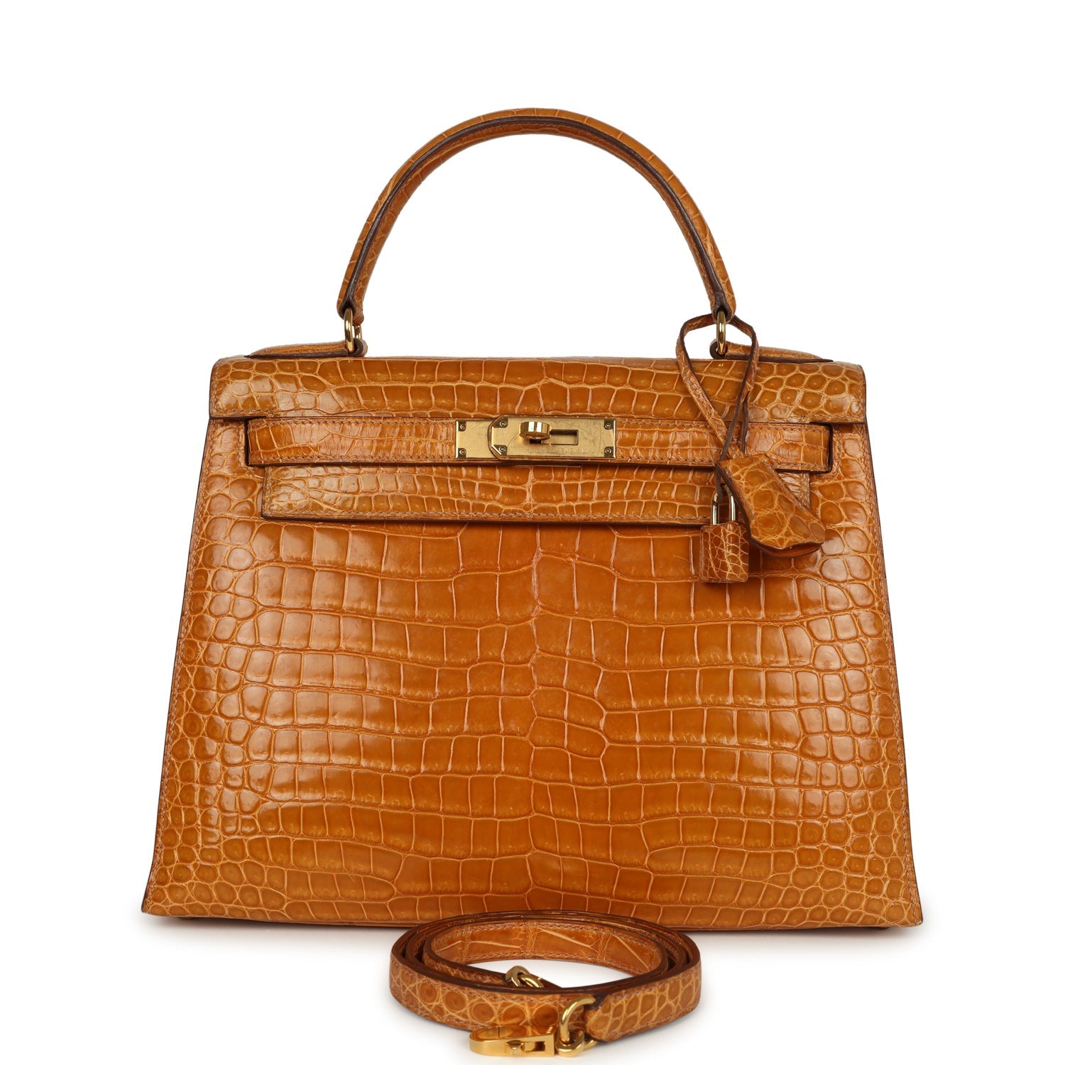 Vintage Kelly Sellier 28 Saffron Porosus Crocodile Gold Hardware Bag