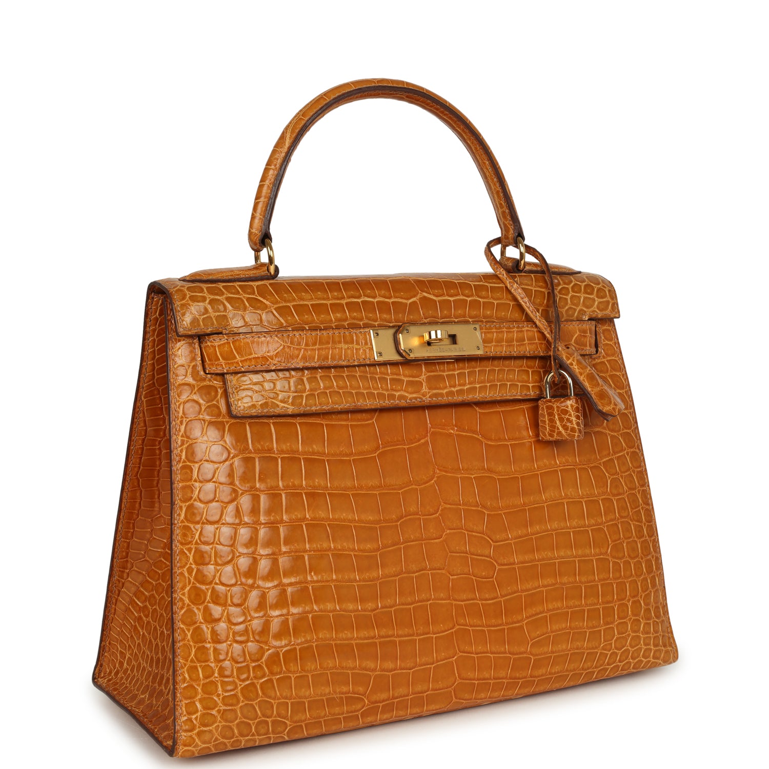 Vintage Kelly Sellier 28 Saffron Porosus Crocodile Gold Hardware Bag