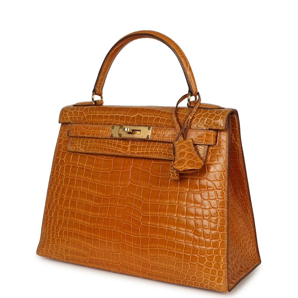 Vintage Kelly Sellier 28 Saffron Porosus Crocodile Gold Hardware Bag
