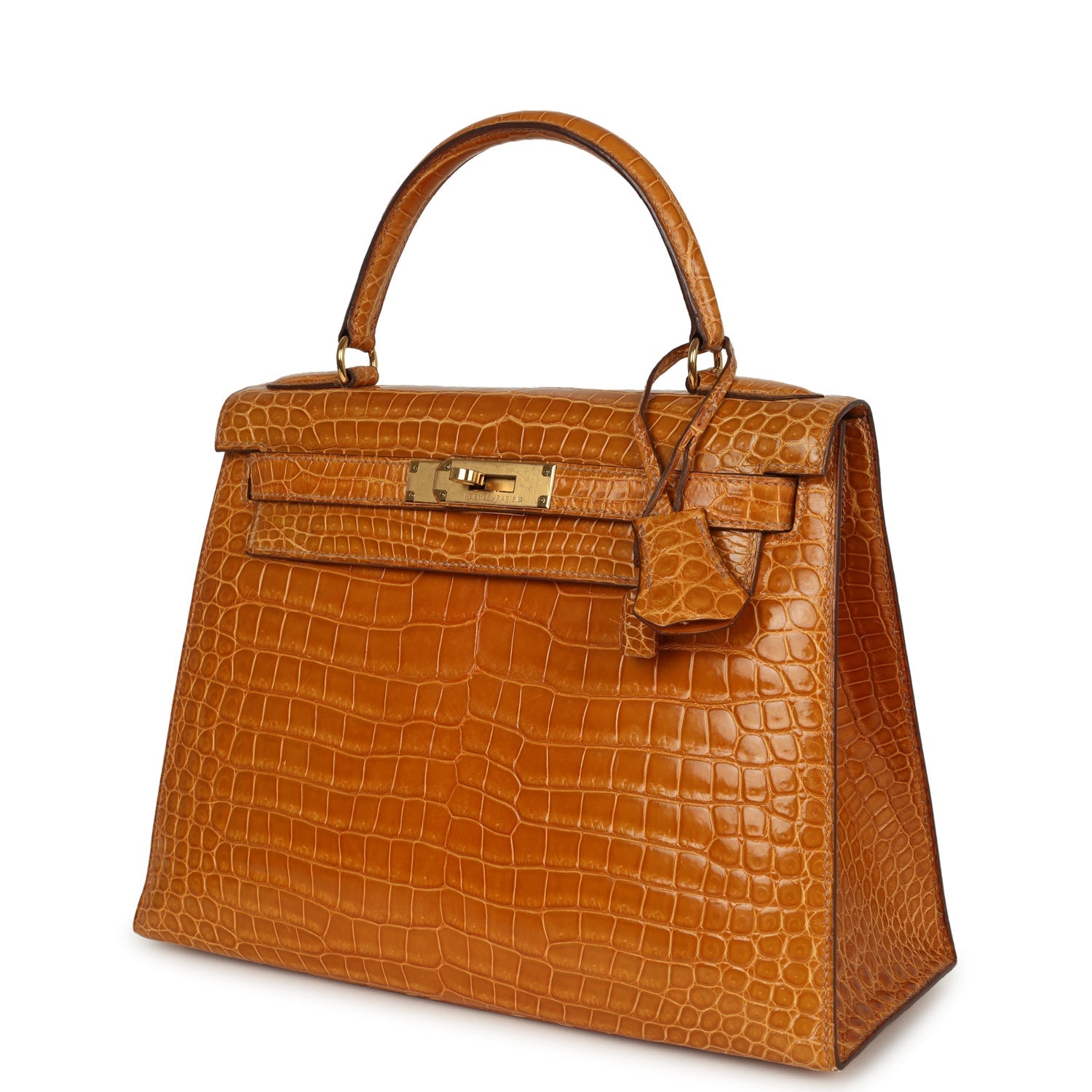 Vintage Kelly Sellier 28 Saffron Porosus Crocodile Gold Hardware Bag