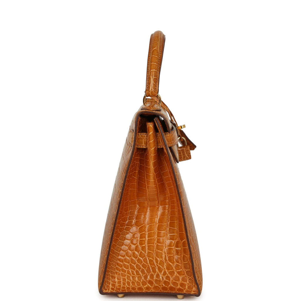 Vintage Kelly Sellier 28 Saffron Porosus Crocodile Gold Hardware Bag