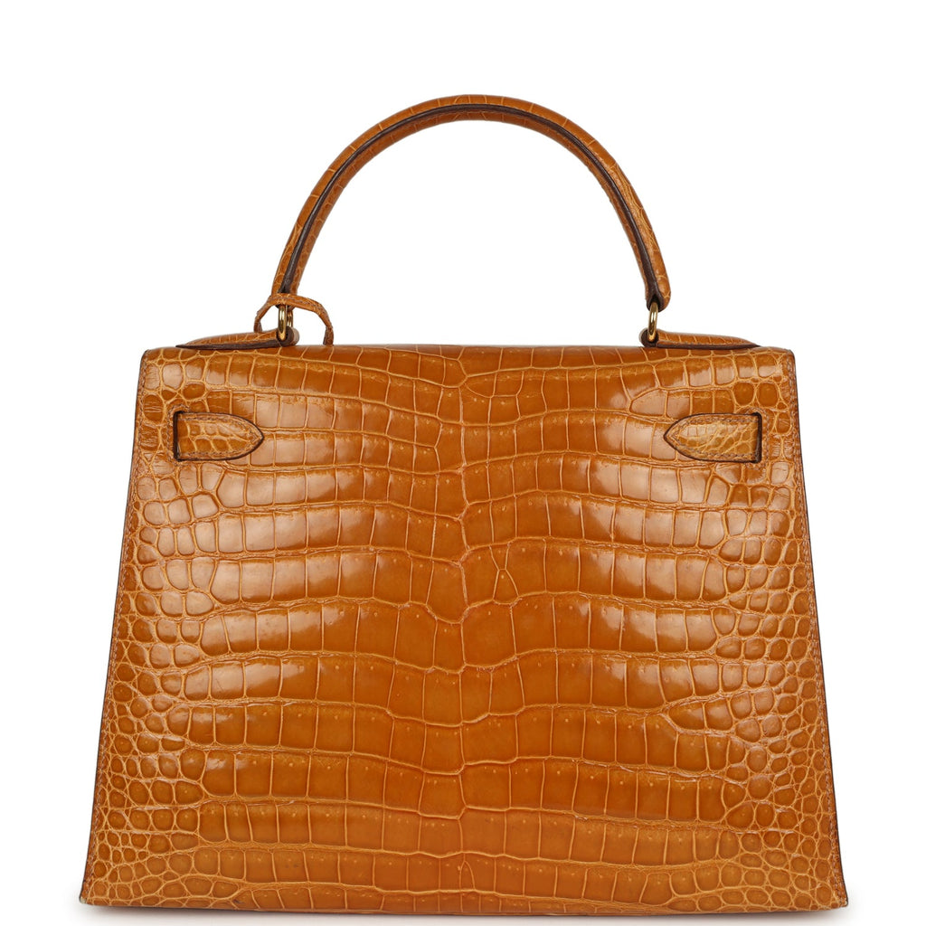 Vintage Kelly Sellier 28 Saffron Porosus Crocodile Gold Hardware Bag