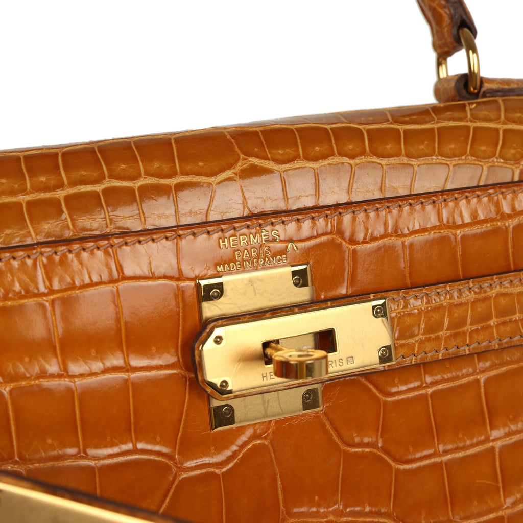 Vintage Kelly Sellier 28 Saffron Porosus Crocodile Gold Hardware Bag