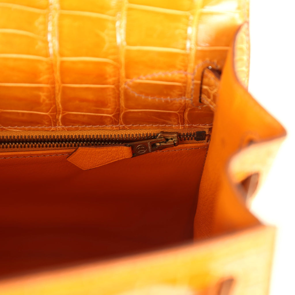Vintage Kelly Sellier 28 Saffron Porosus Crocodile Gold Hardware Bag
